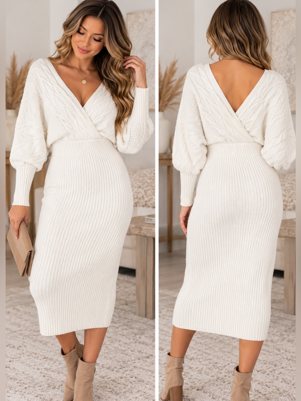 Cream Ribbed Wrap Midi Knit Dress